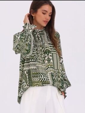 Fashion Boho Multiprint High Neck Ruffle Smocked Long Sleeve Blouse. Size S